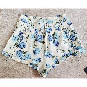 The Kooples Women's Lace Up Floral Linen Shorts Ectu Blue White Size 3 Large